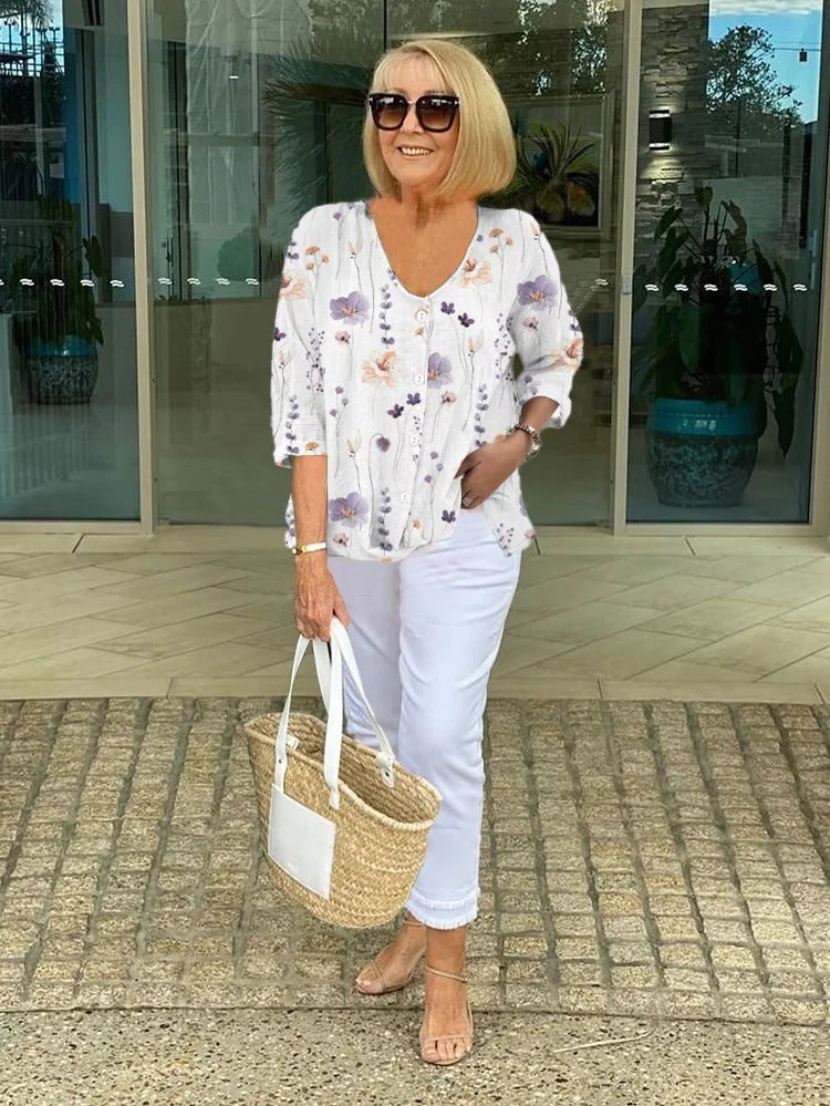 Women's Woven Blouse with V Neck and Button Front