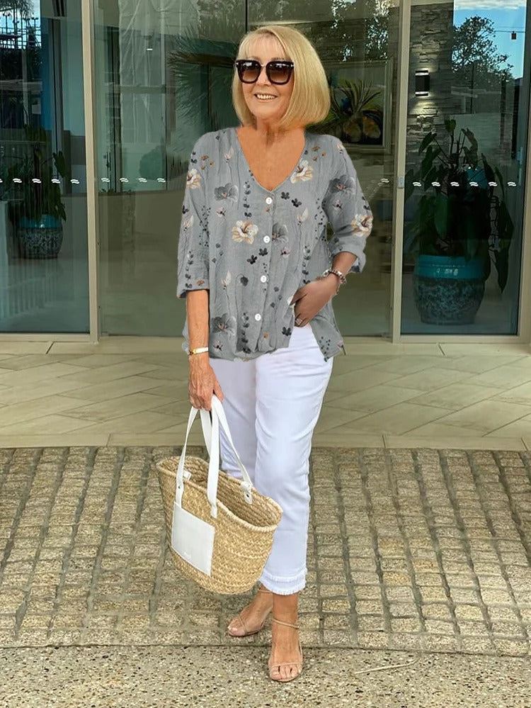 Women's Woven Blouse with V Neck and Button Front