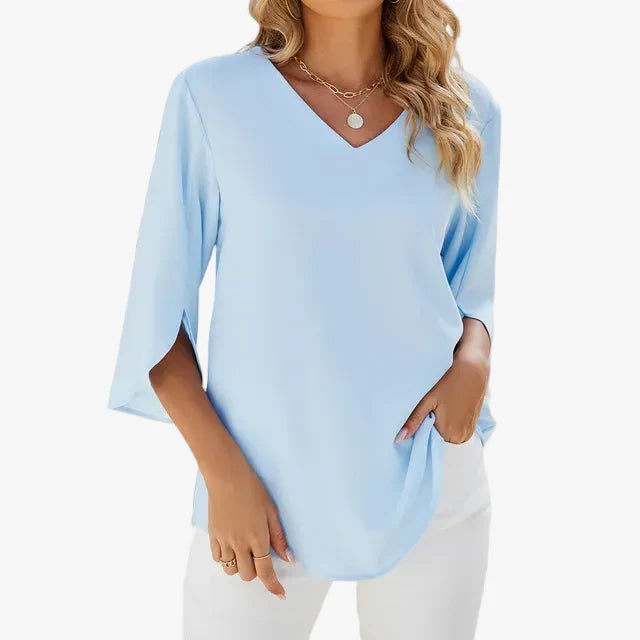 Women's Woven Blouse with V Neck and Split Sleeves