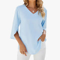 Women's Woven Blouse with V Neck and Split Sleeves