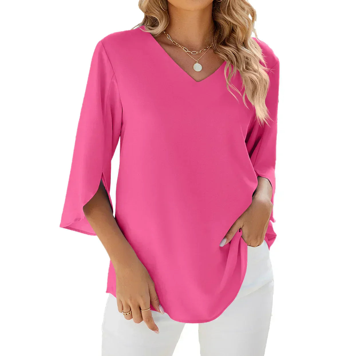 Women's Woven Blouse with V Neck and Split Sleeves