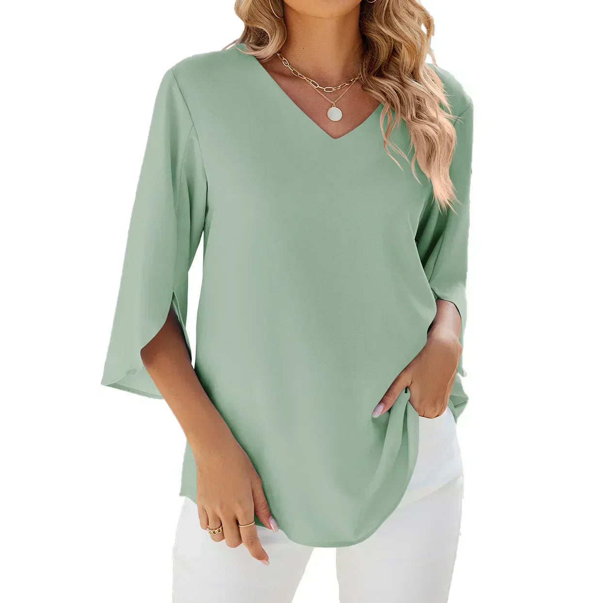 Women's Woven Blouse with V Neck and Split Sleeves