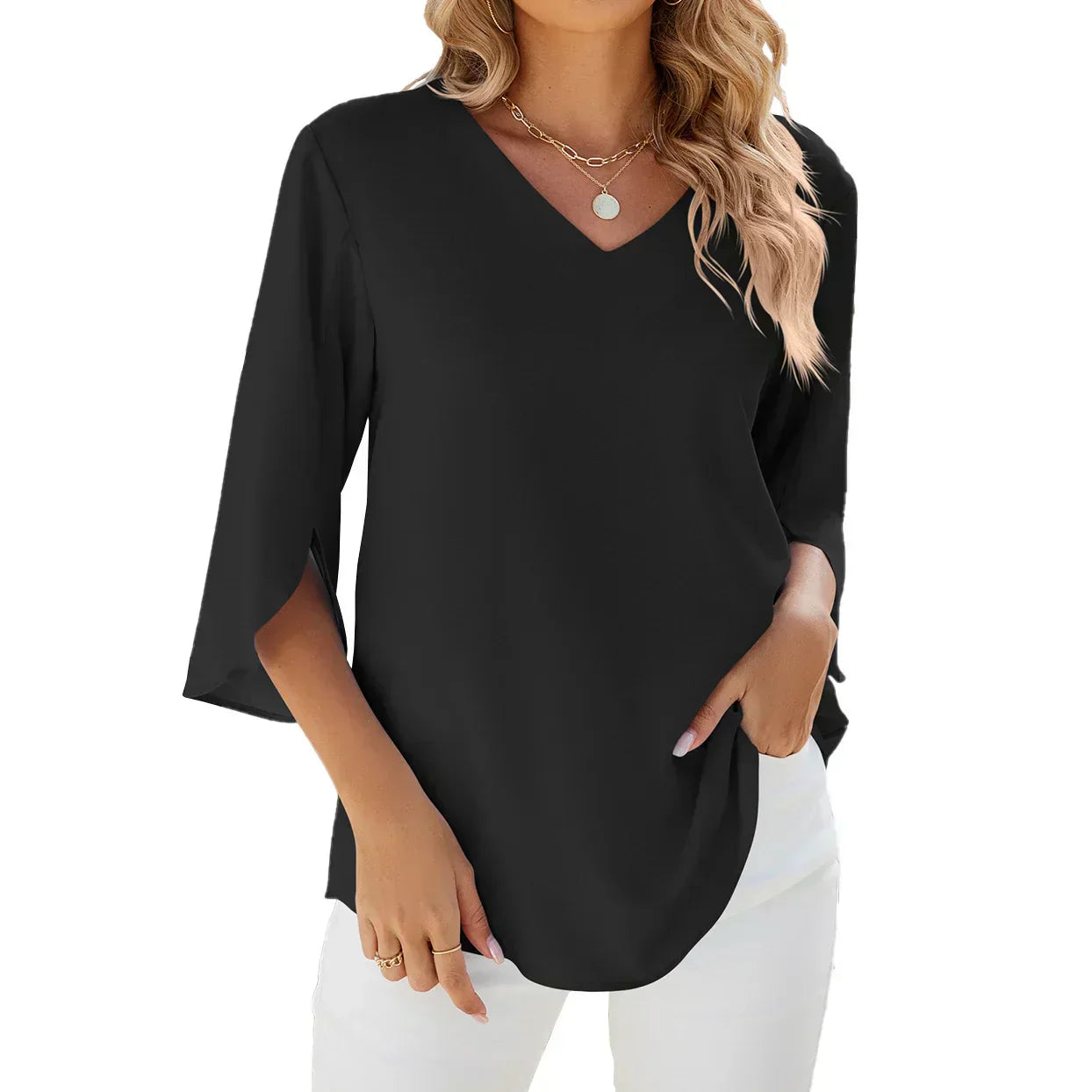 Women's Woven Blouse with V Neck and Split Sleeves
