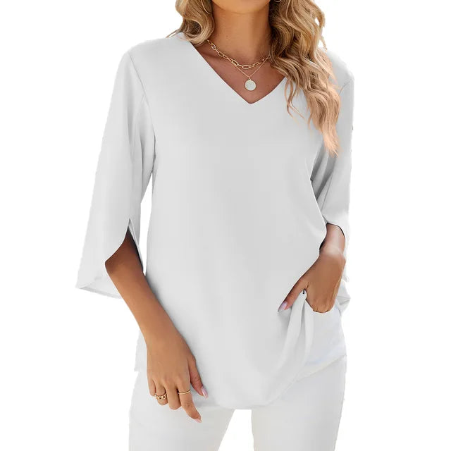 Women's Woven Blouse with V Neck and Split Sleeves