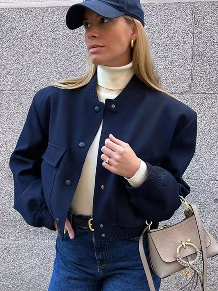 Women's Woven Bomber Jacket with Snap Front and Rib Trim