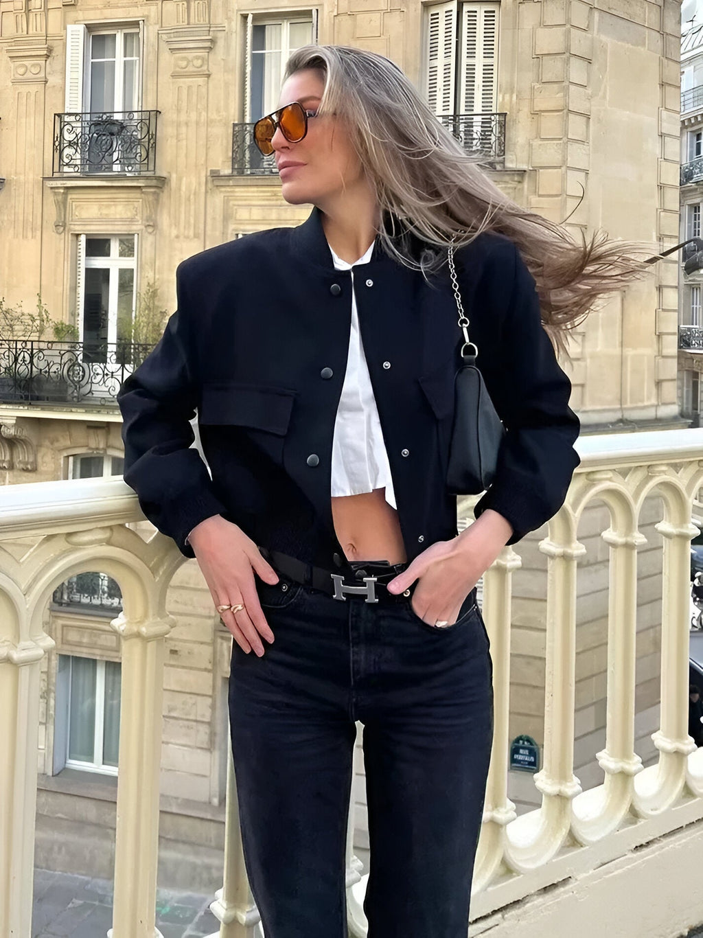 Women's Woven Bomber Jacket with Snap Front and Rib Trim