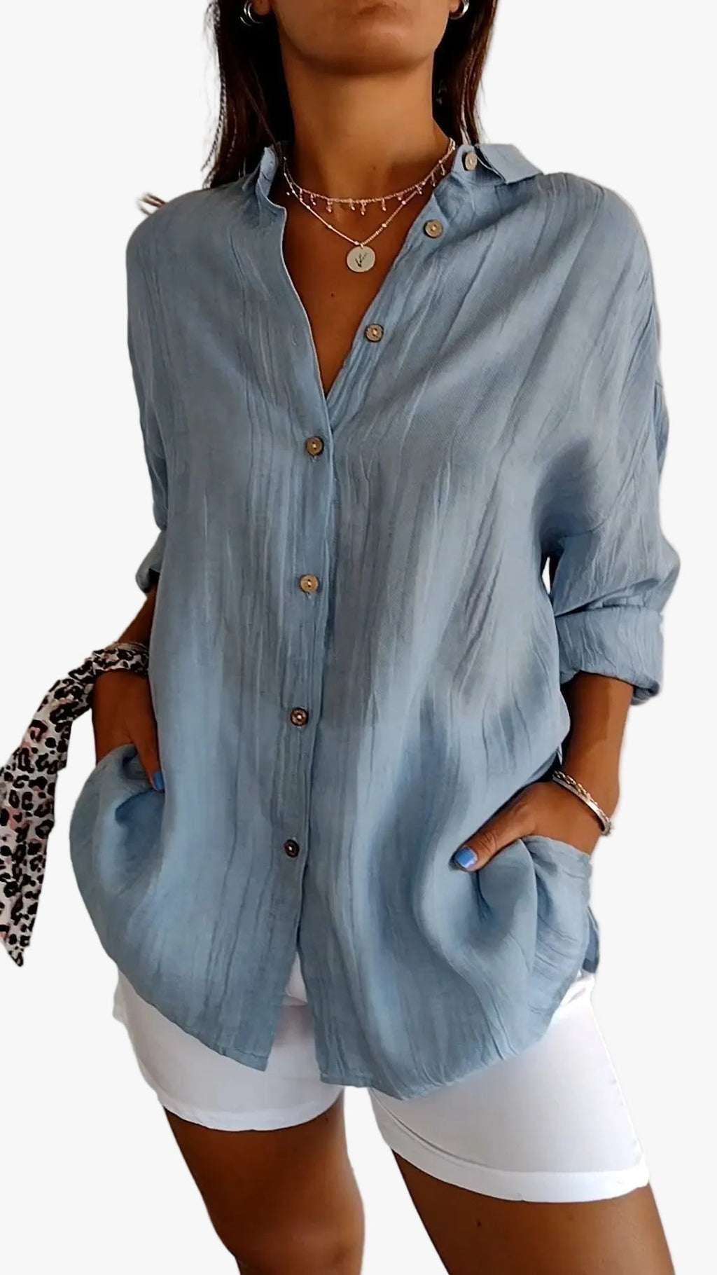 Women's Woven Button-Front Shirt with Pointed Collar and Roll-Tab Sleeves