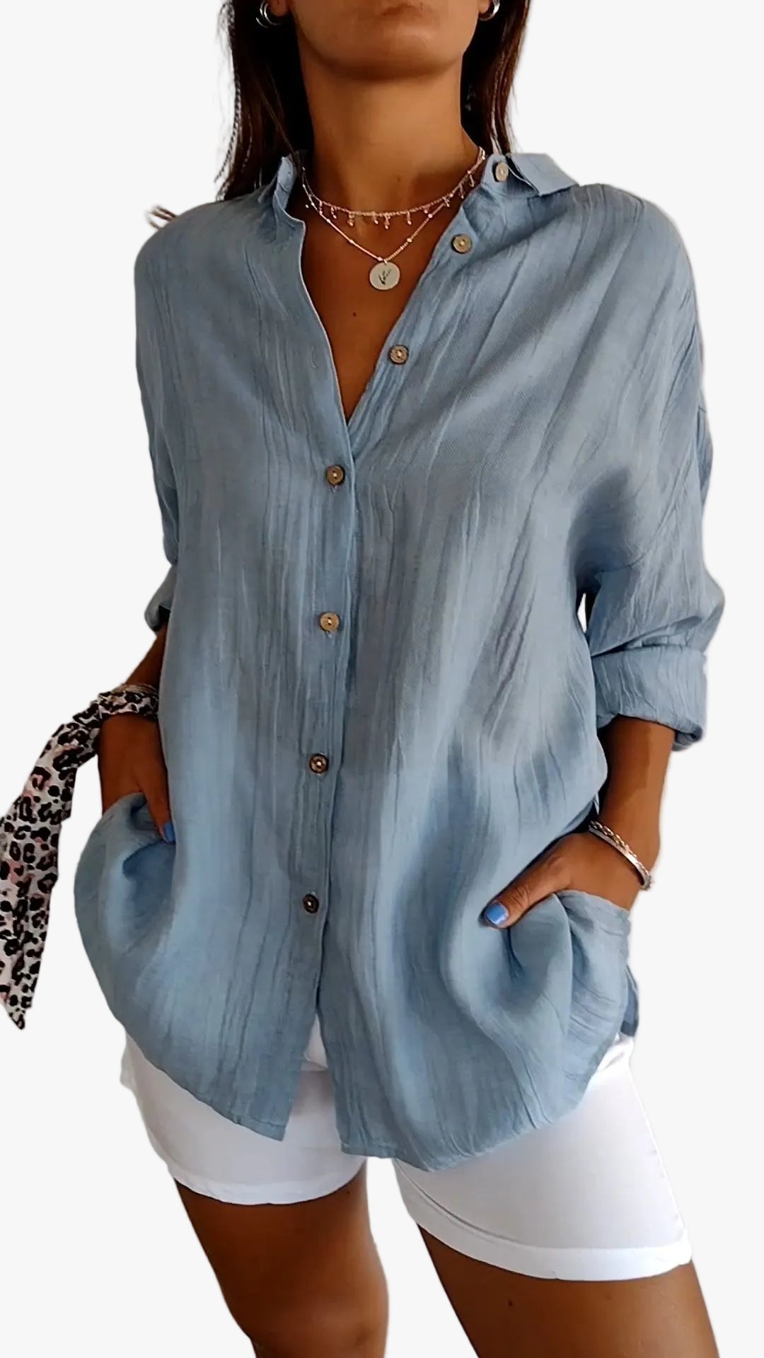 Women's Woven Button-Front Shirt with Pointed Collar and Roll-Tab Sleeves