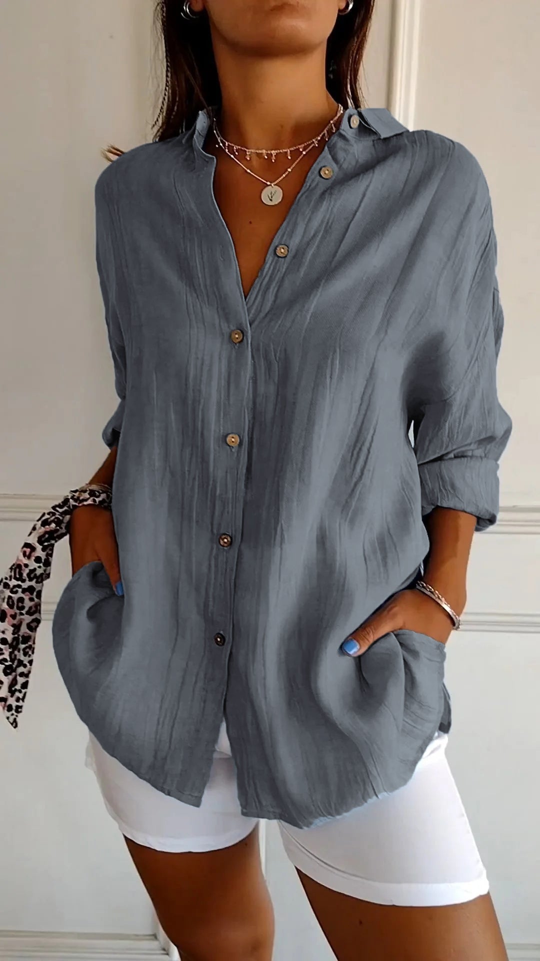 Women's Woven Button-Front Shirt with Pointed Collar and Roll-Tab Sleeves