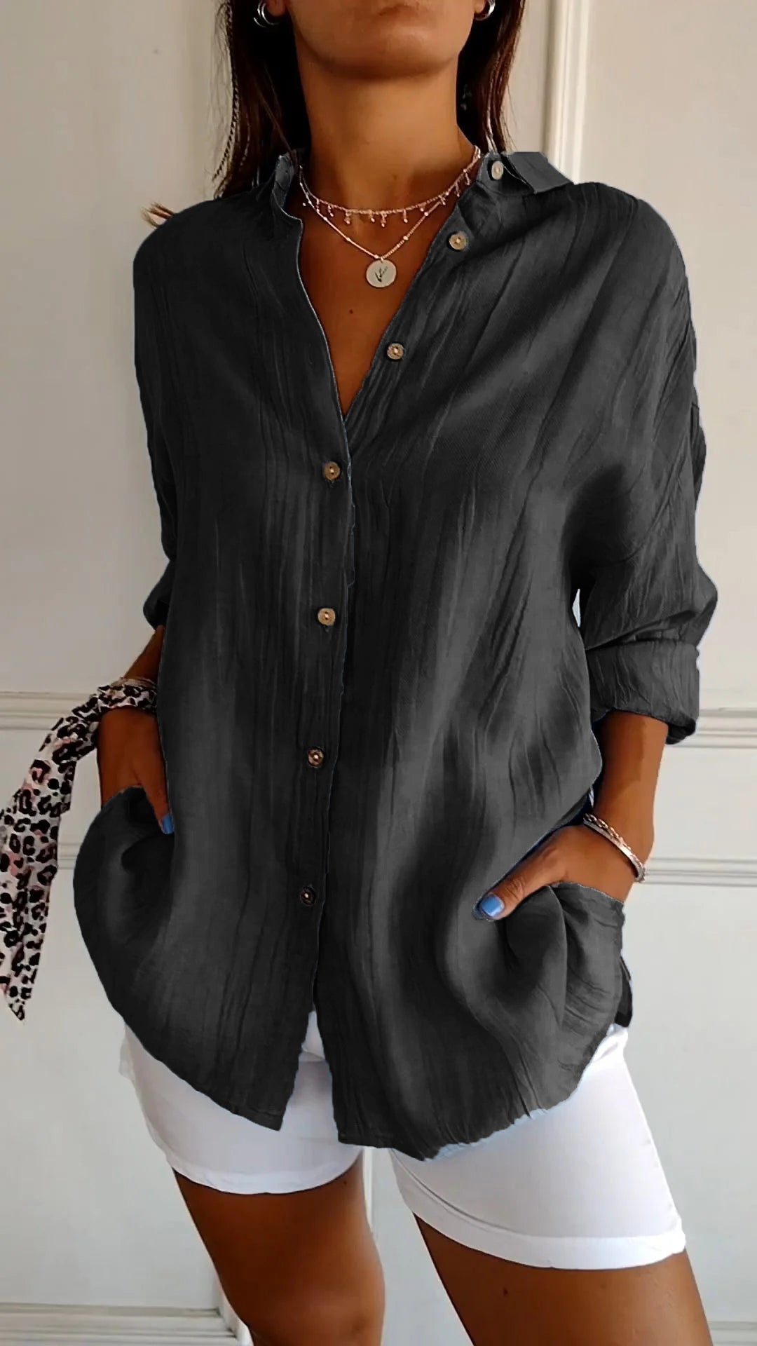 Women's Woven Button-Front Shirt with Pointed Collar and Roll-Tab Sleeves