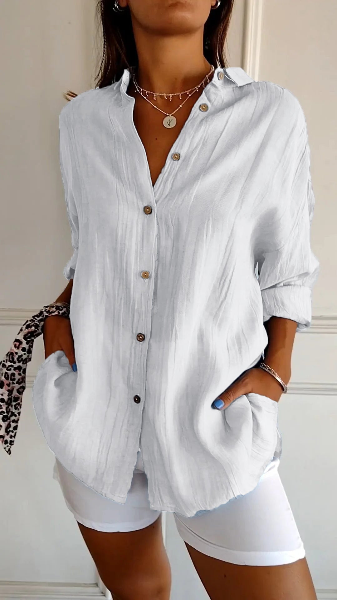 Women's Woven Button-Front Shirt with Pointed Collar and Roll-Tab Sleeves