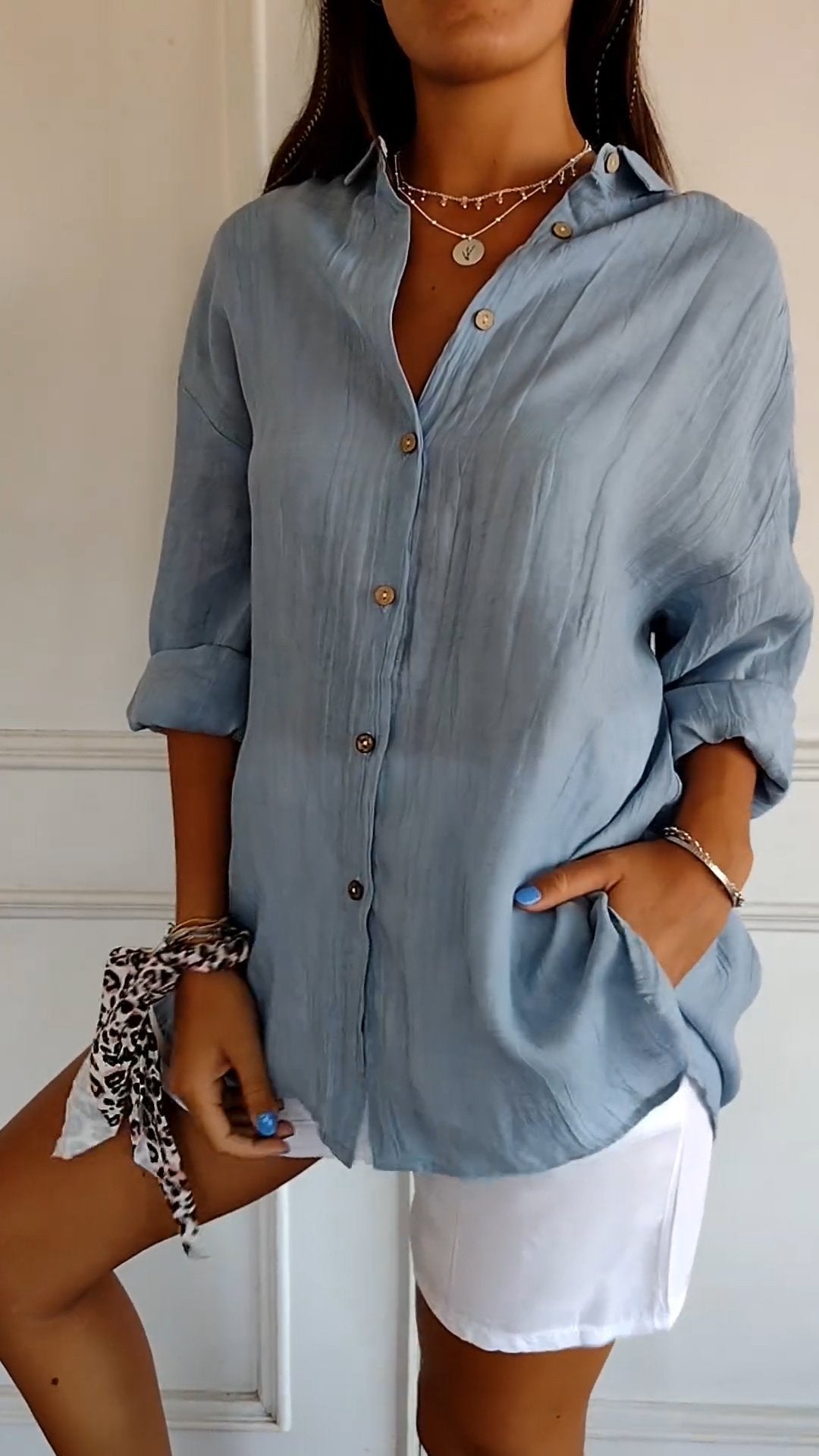 Women's Woven Button-Front Shirt with Pointed Collar and Roll-Tab Sleeves