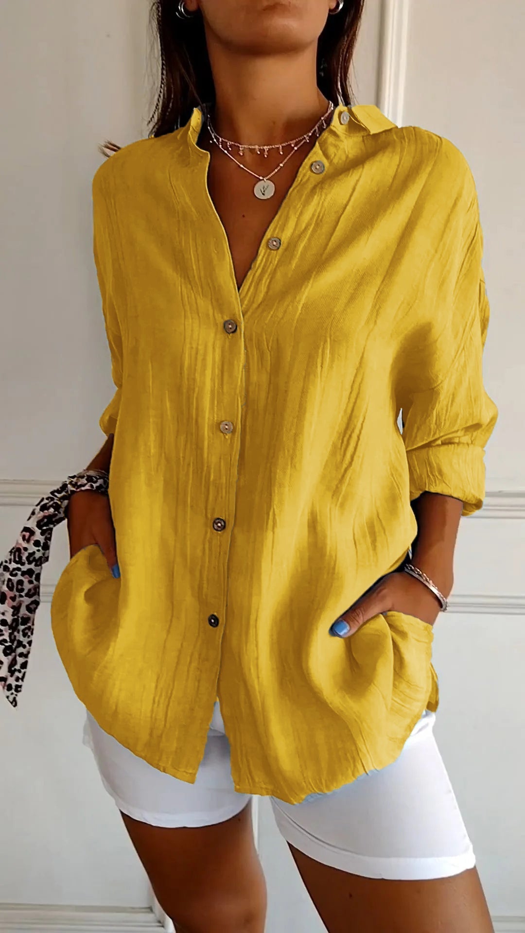 Women's Woven Button-Front Shirt with Pointed Collar and Roll-Tab Sleeves