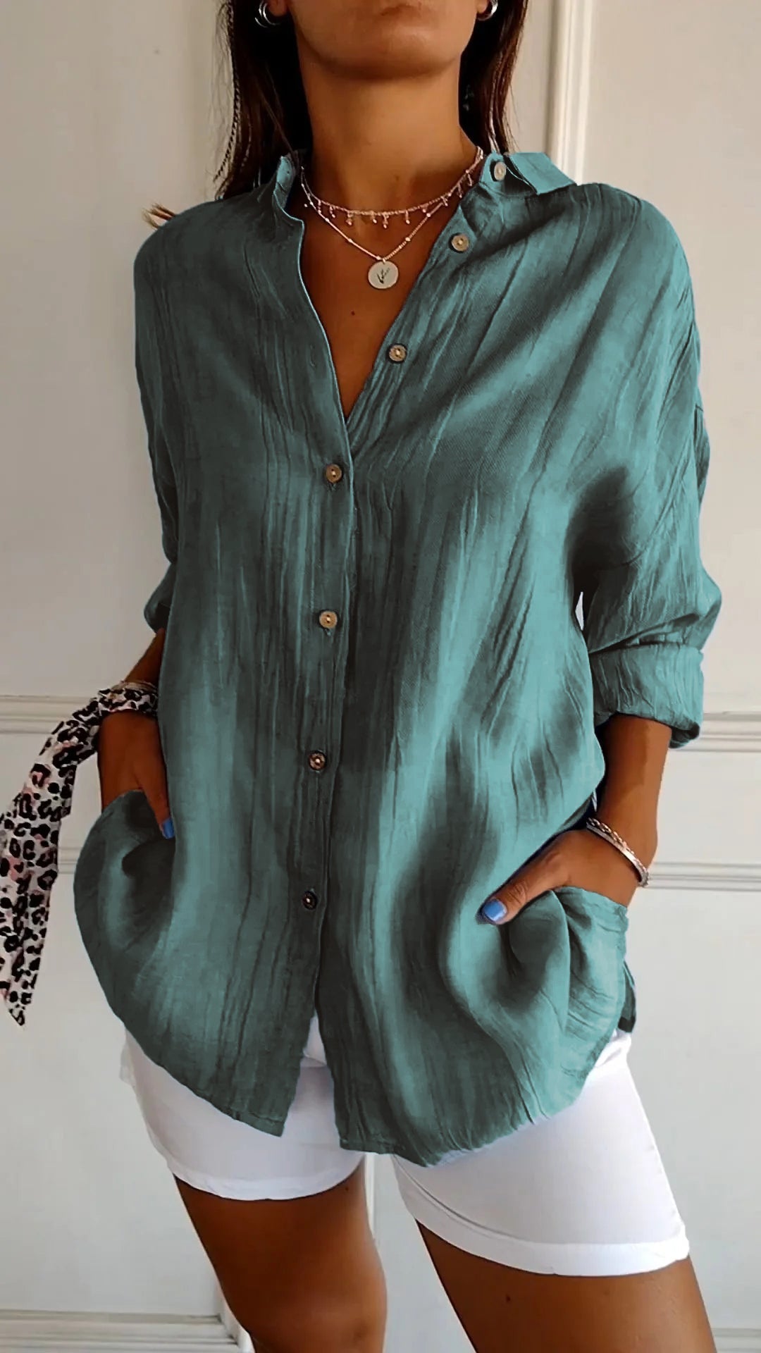 Women's Woven Button-Front Shirt with Pointed Collar and Roll-Tab Sleeves