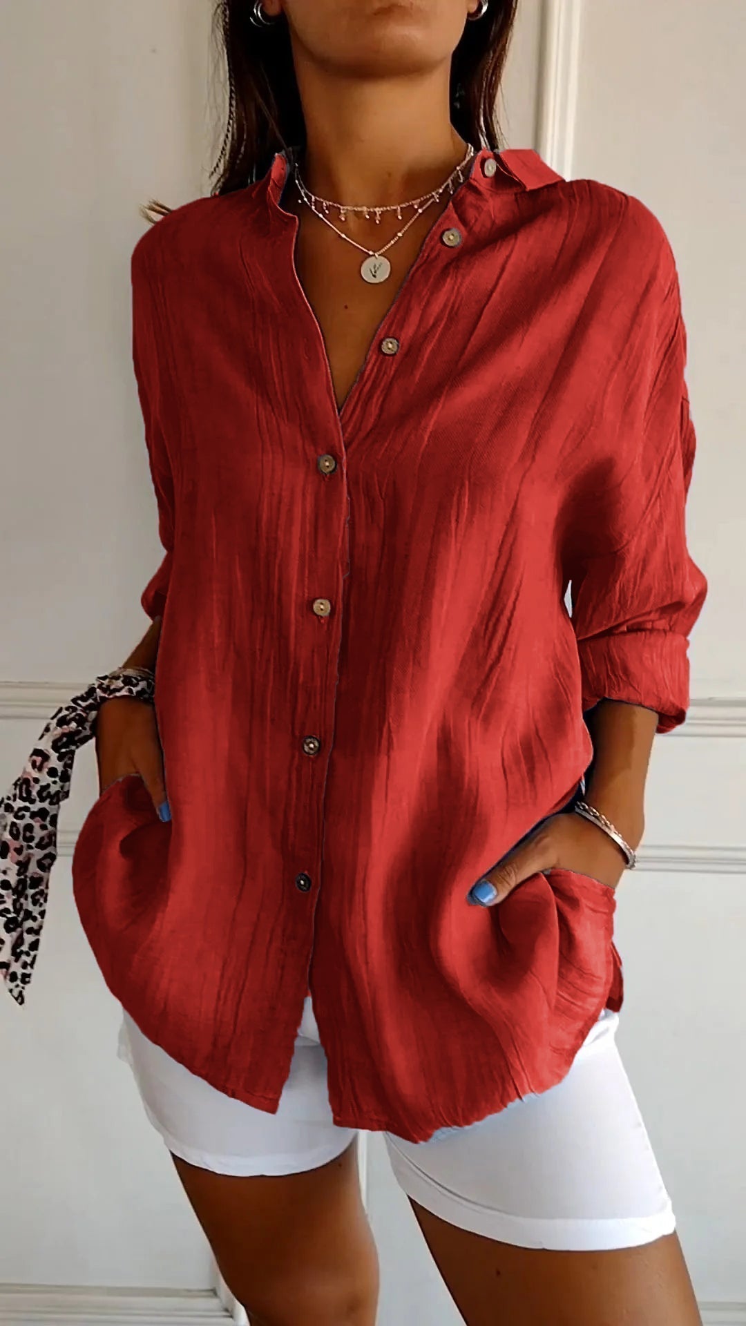 Women's Woven Button-Front Shirt with Pointed Collar and Roll-Tab Sleeves