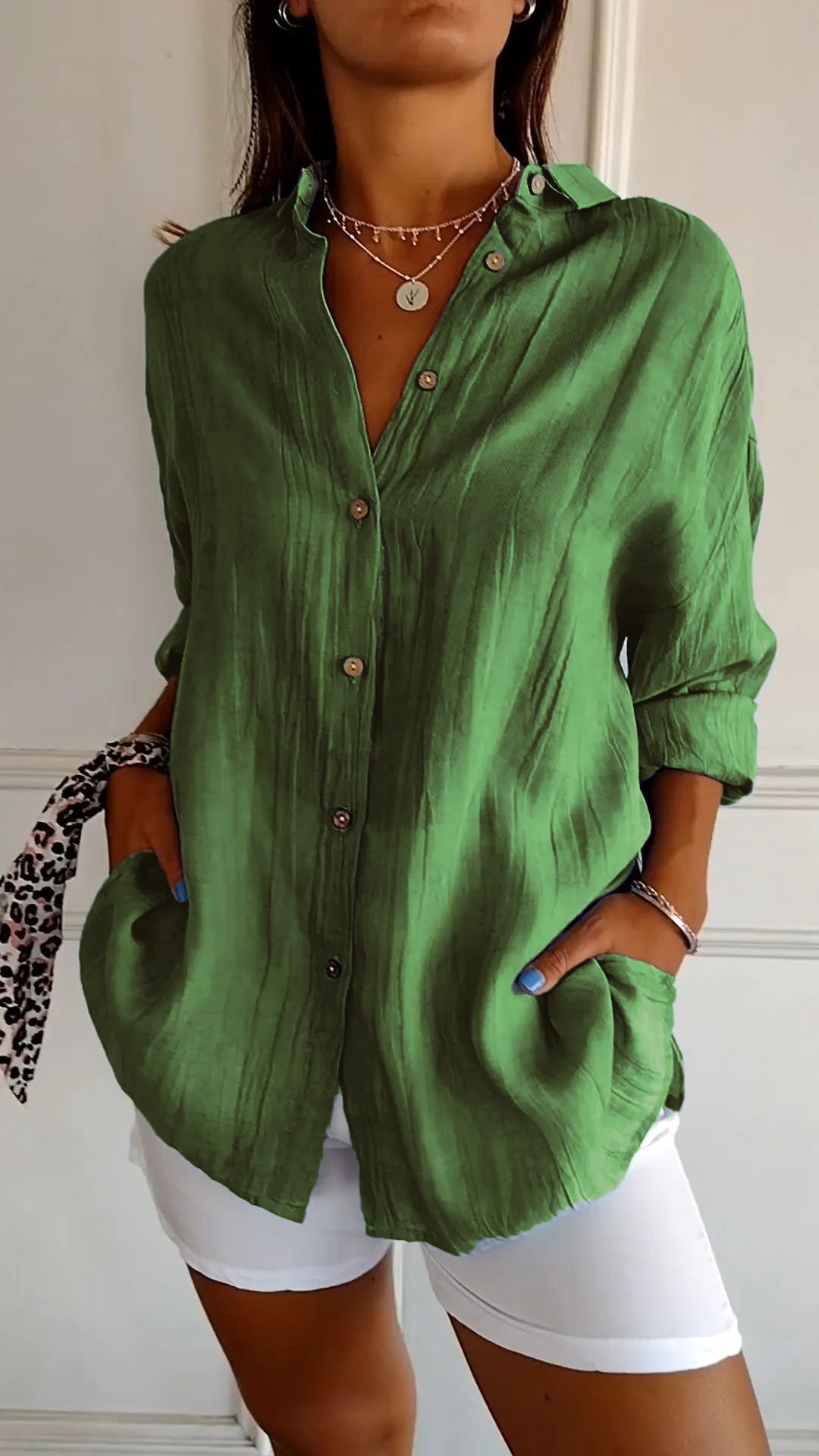Women's Woven Button-Front Shirt with Pointed Collar and Roll-Tab Sleeves