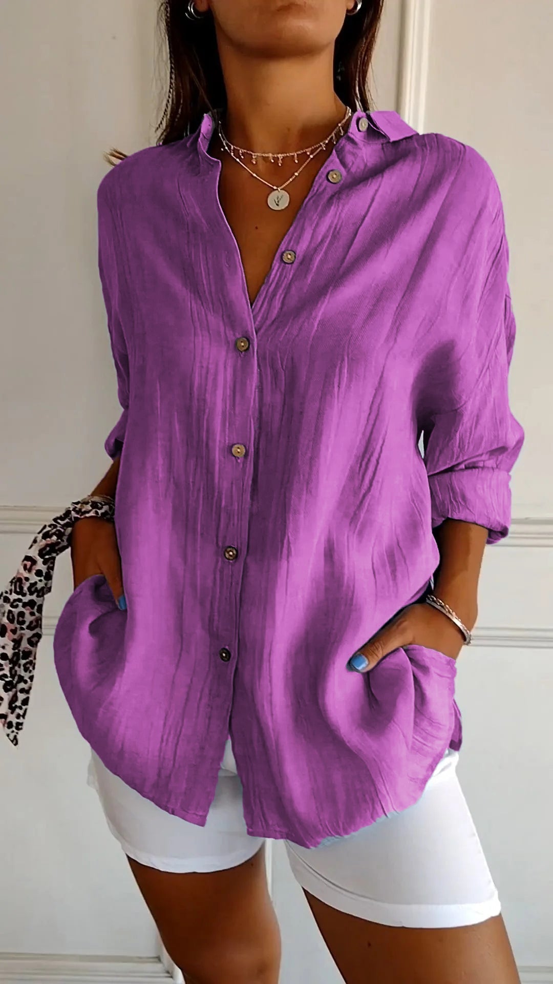 Women's Woven Button-Front Shirt with Pointed Collar and Roll-Tab Sleeves