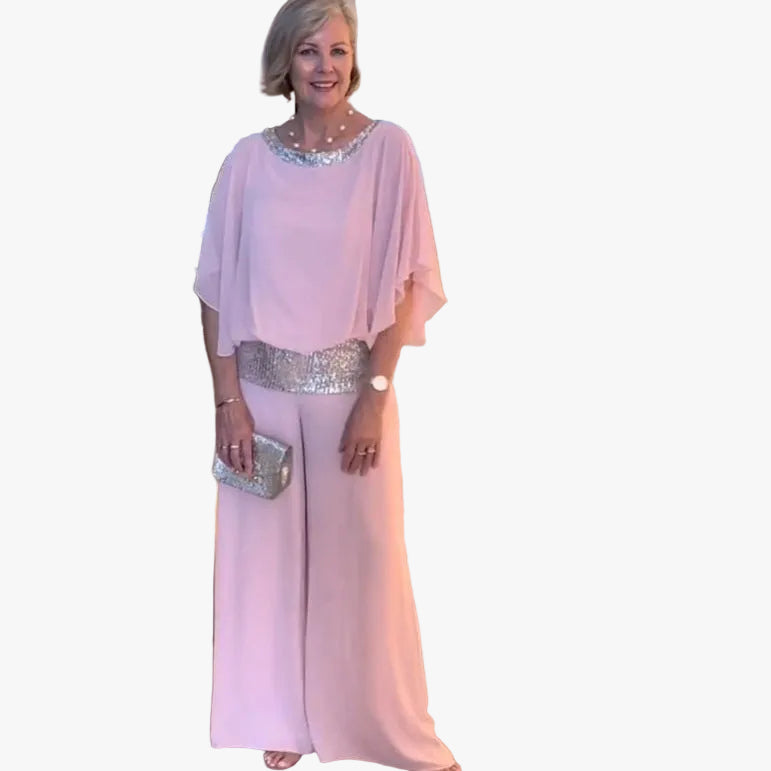 Women's Woven Jumpsuit with Sequin Trim and Wide Legs