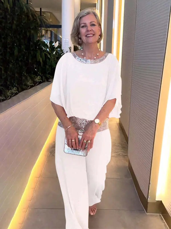 Women's Woven Jumpsuit with Sequin Trim and Wide Legs