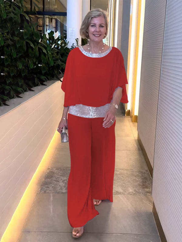 Women's Woven Jumpsuit with Sequin Trim and Wide Legs