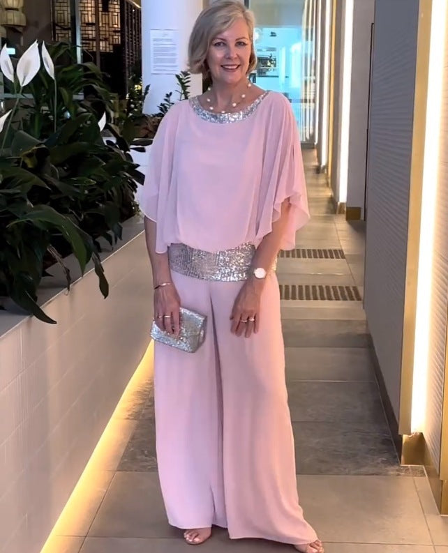 Women's Woven Jumpsuit with Sequin Trim and Wide Legs