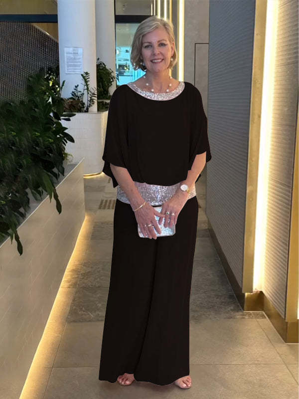 Women's Woven Jumpsuit with Sequin Trim and Wide Legs