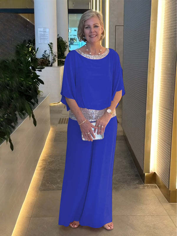 Women's Woven Jumpsuit with Sequin Trim and Wide Legs