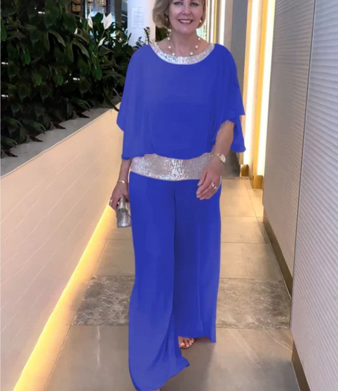 Women's Woven Jumpsuit with Sequin Trim and Wide Legs