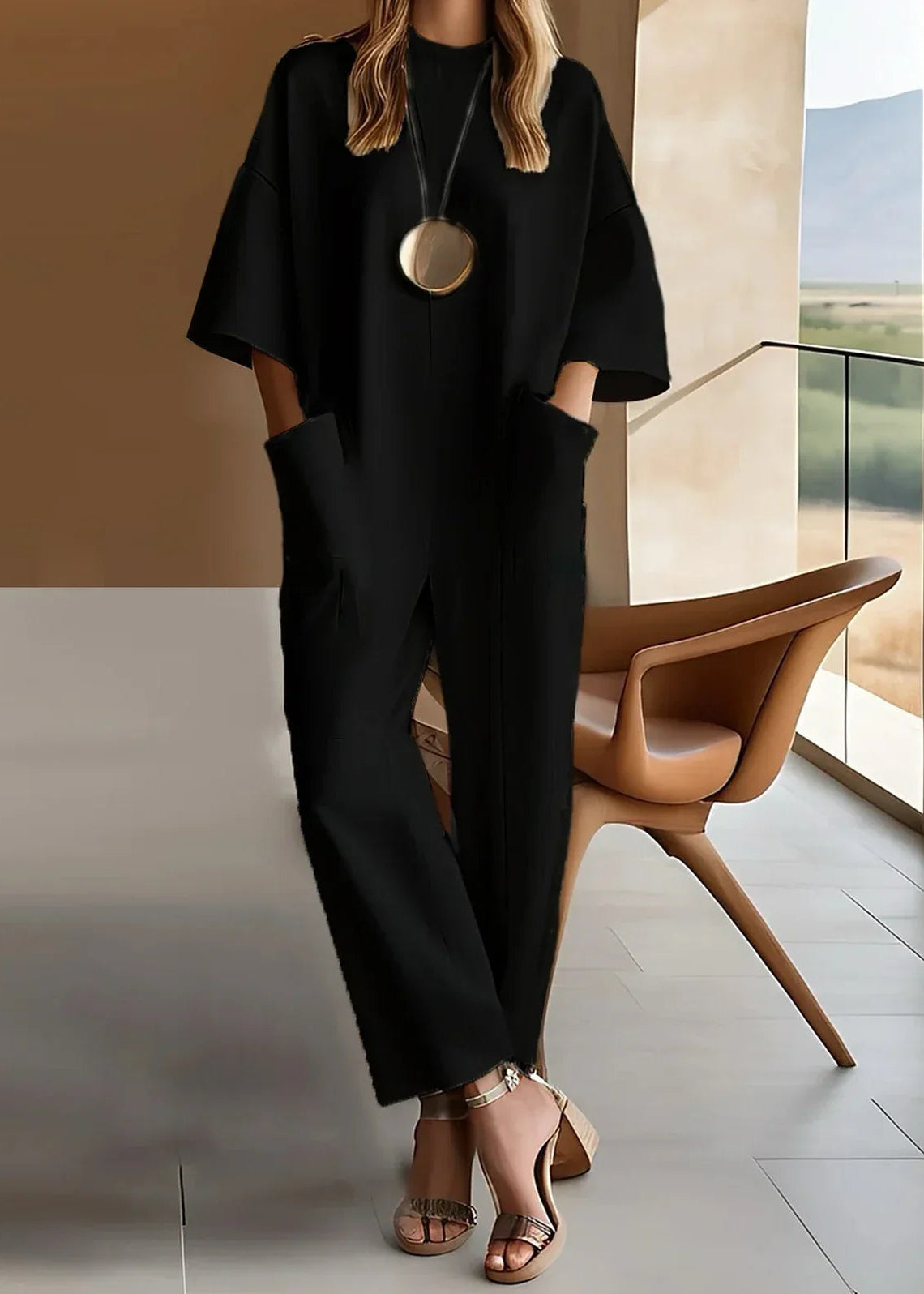 Women's Woven Jumpsuit with Wide Legs and Patch Pockets