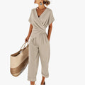 Women's Woven Jumpsuit with Wrap V Neck and Cuffed Hems
