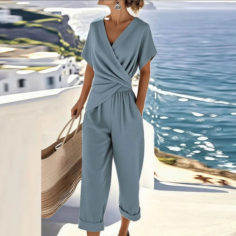 Women's Woven Jumpsuit with Wrap V Neck and Cuffed Hems