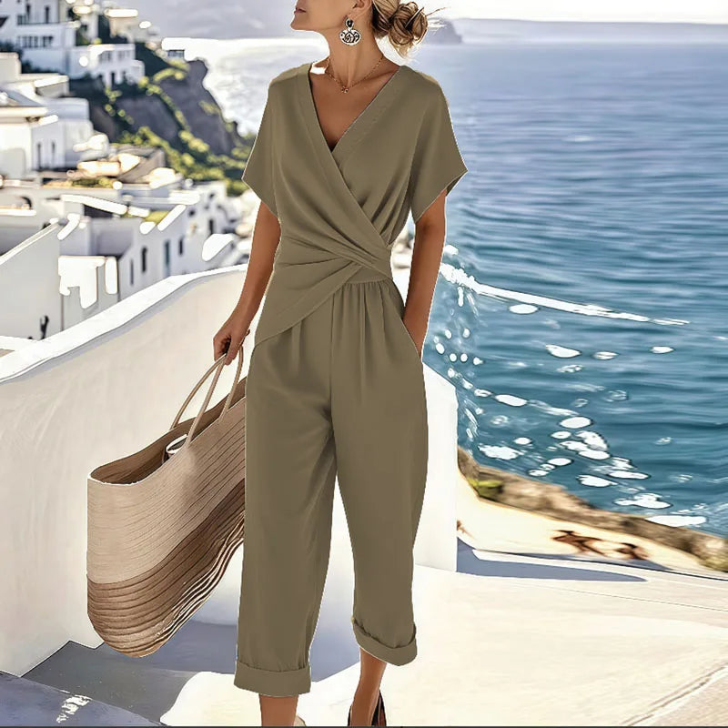 Women's Woven Jumpsuit with Wrap V Neck and Cuffed Hems