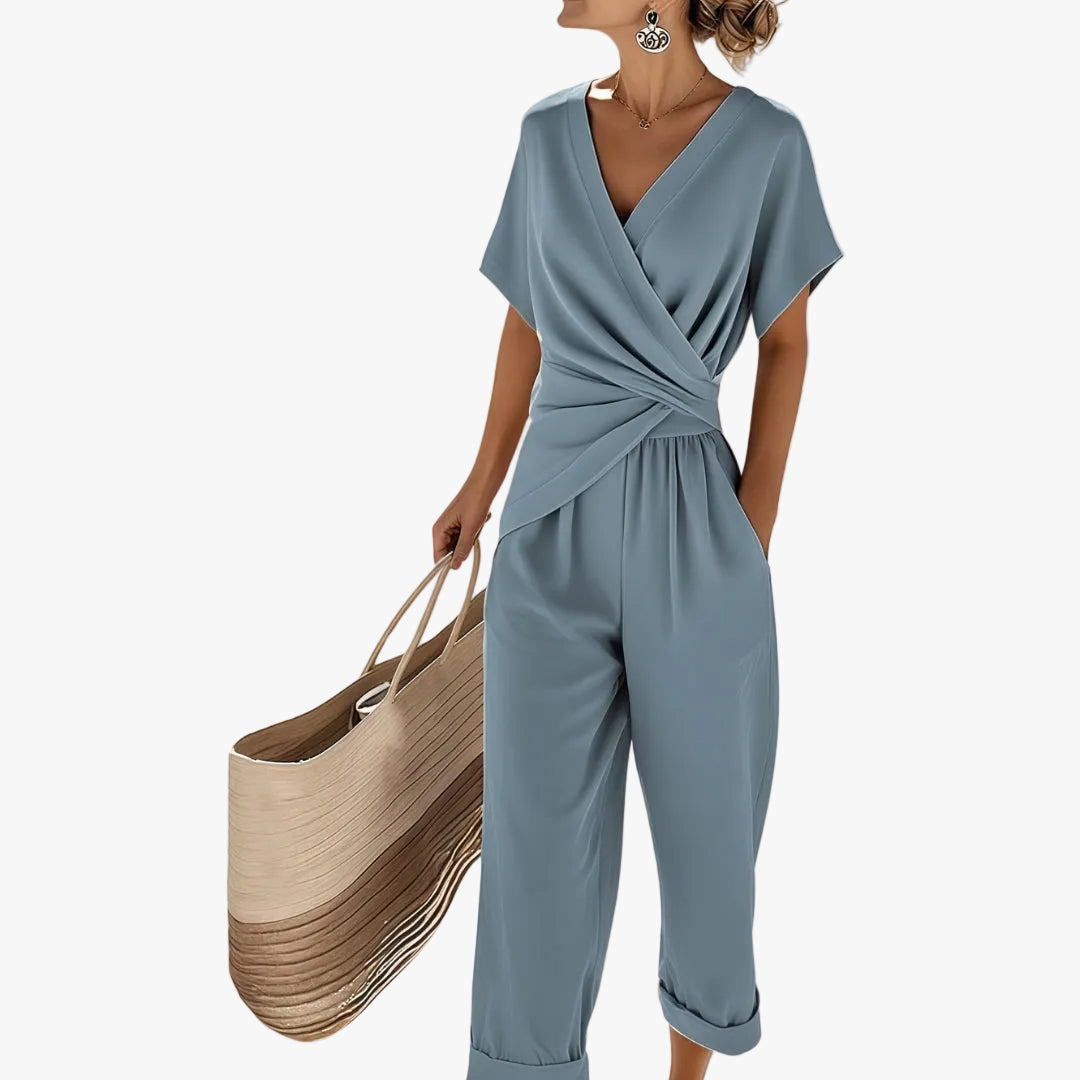 Women's Woven Jumpsuit with Wrap V-Neck and Side Pockets