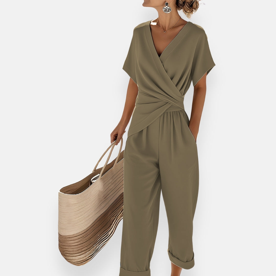 Women's Woven Jumpsuit with Wrap V-Neck and Side Pockets