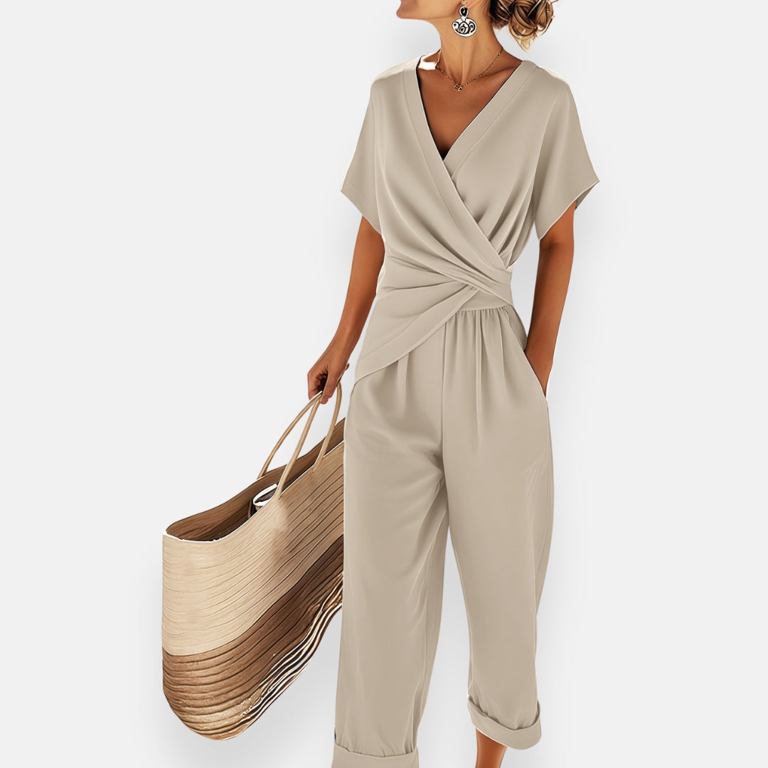 Women's Woven Jumpsuit with Wrap V-Neck and Side Pockets