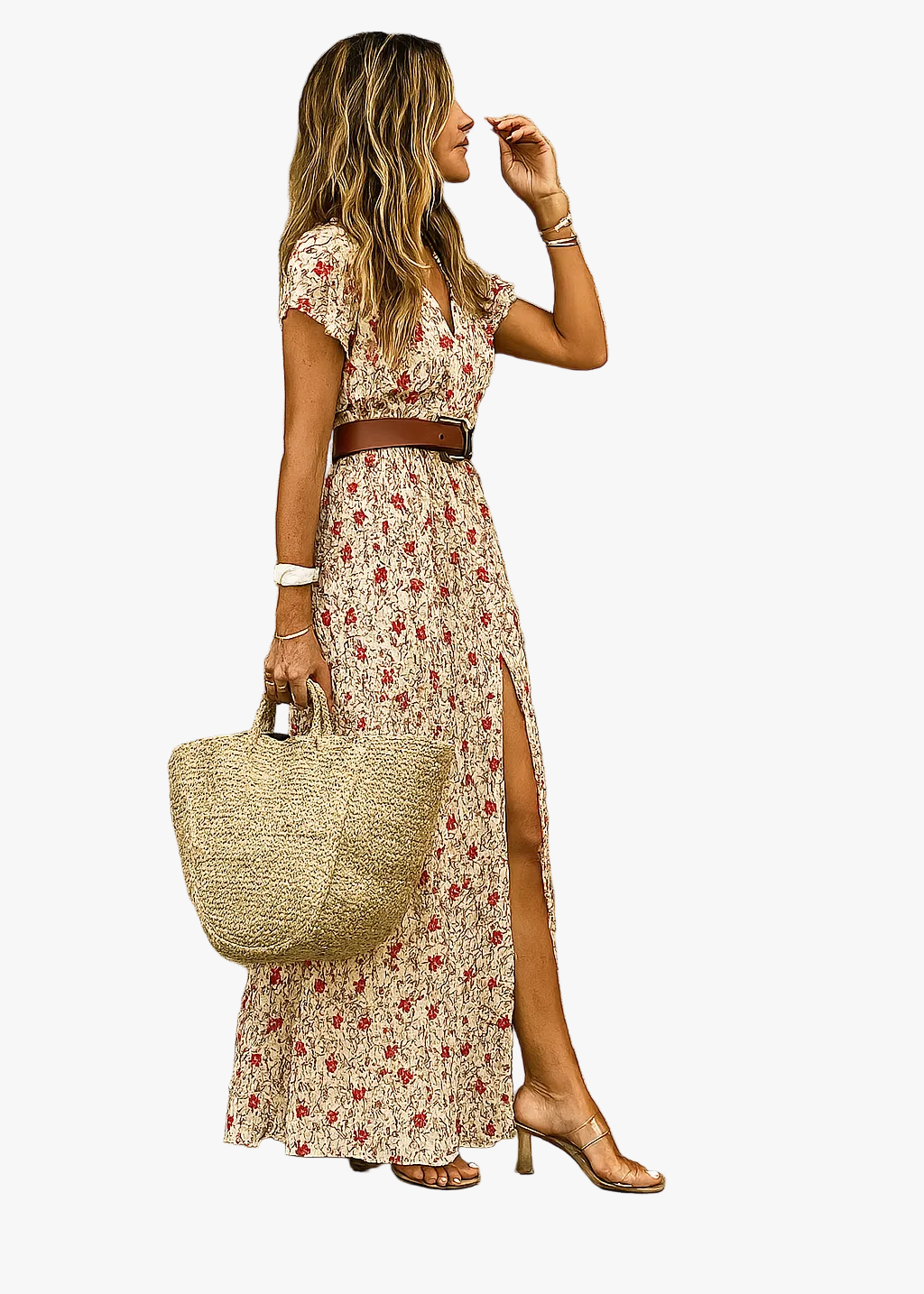 Women's Woven Maxi Dress with Belt and Side Slit
