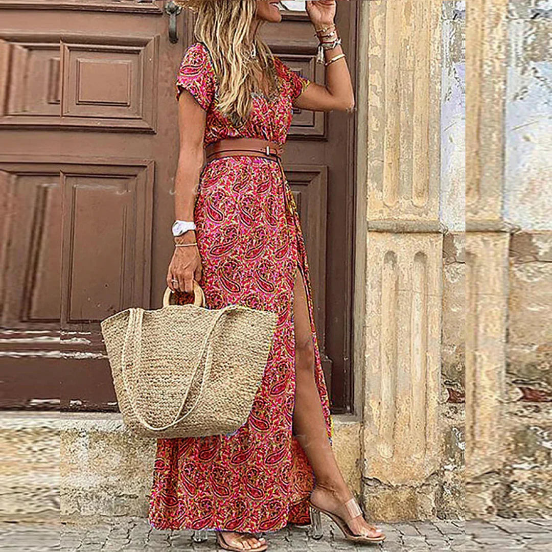 Women's Woven Maxi Dress with Belt and Side Slit