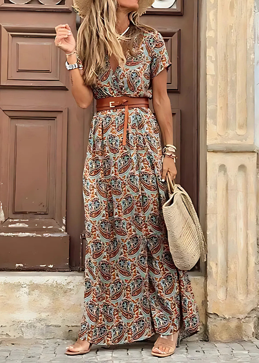Women's Woven Maxi Dress with Belt and Side Slit