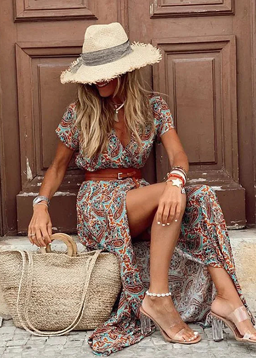 Women's Woven Maxi Dress with Belt and Side Slit