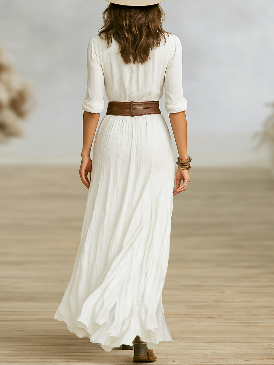 Women's Woven Maxi Dress with Button Front and Buckle Belt