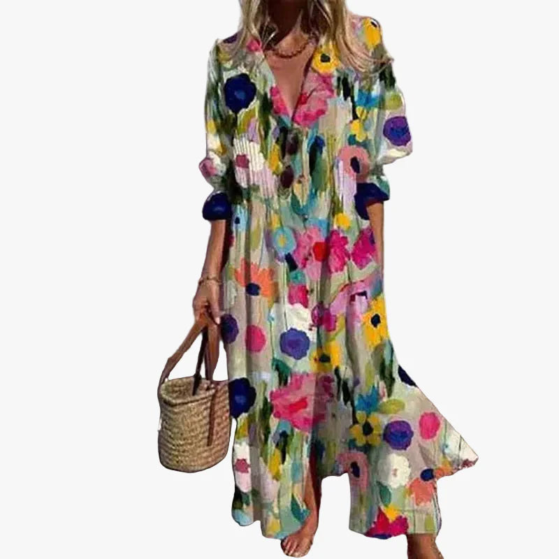 Women's Woven Maxi Dress with Button Front and Collar