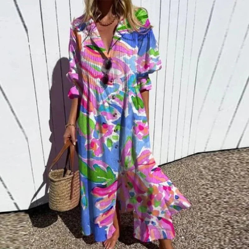 Women's Woven Maxi Dress with Button Front and Collar