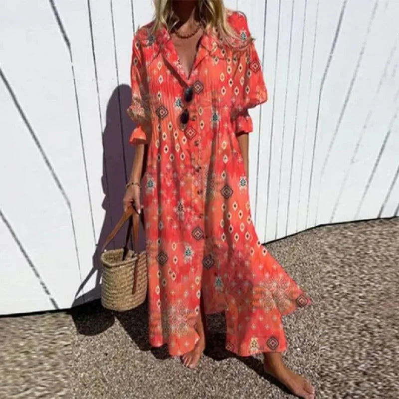Women's Woven Maxi Dress with Button Front and Collar