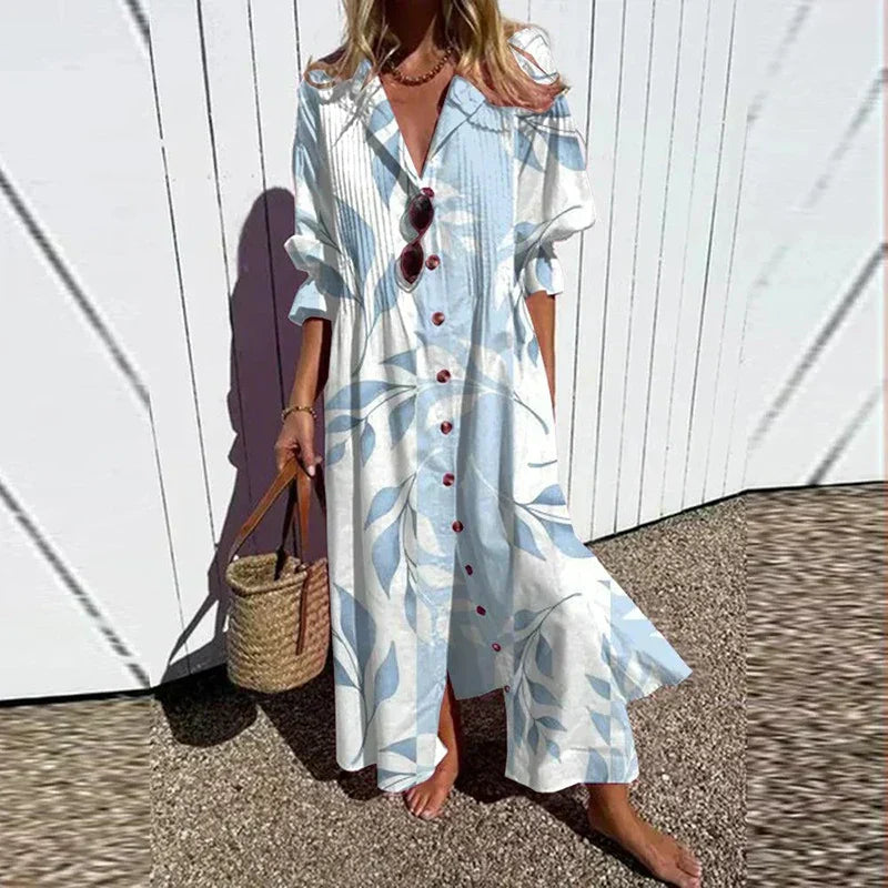 Women's Woven Maxi Dress with Button Front and Collar
