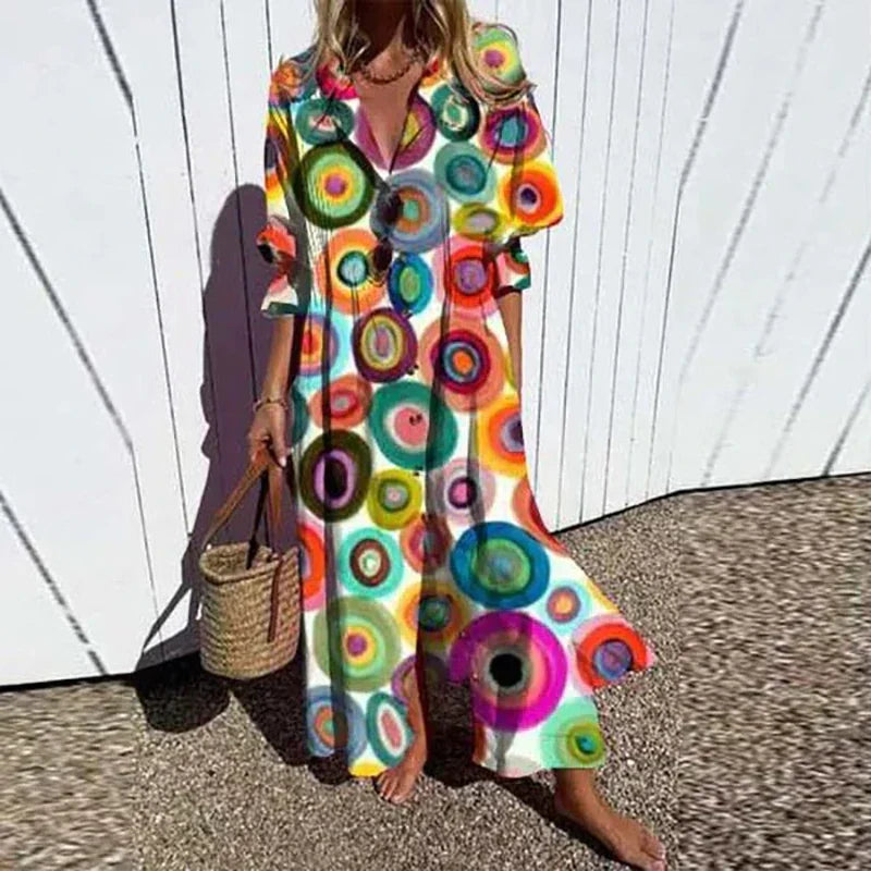 Women's Woven Maxi Dress with Button Front and Collar