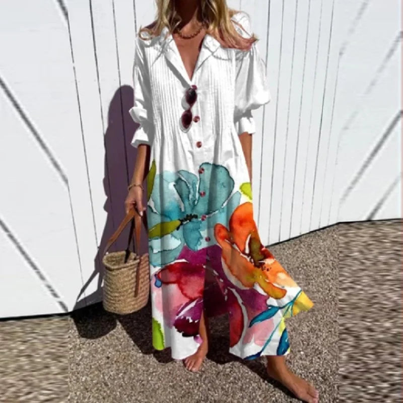 Women's Woven Maxi Dress with Button Front and Collar