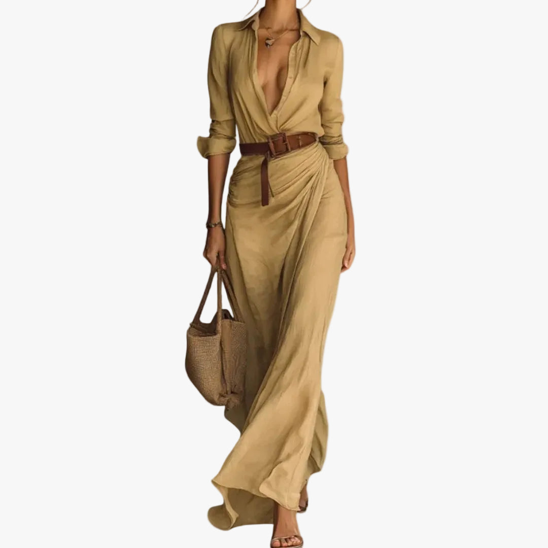 Women's Woven Maxi Dress with Button Front and Waist Tie