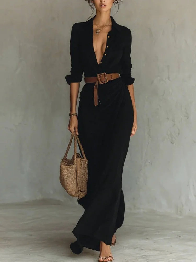 Women's Woven Maxi Dress with Button Front and Waist Tie