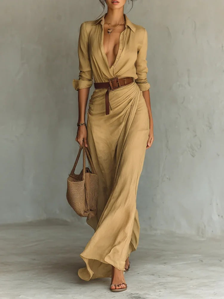 Women's Woven Maxi Dress with Button Front and Waist Tie
