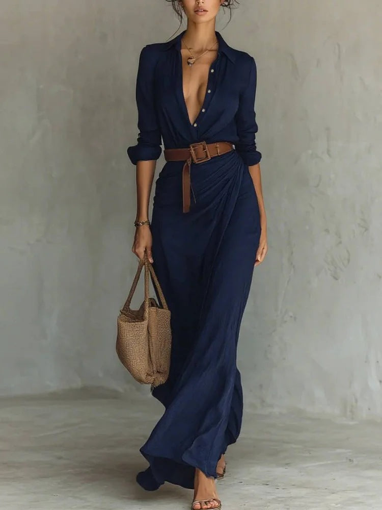 Women's Woven Maxi Dress with Button Front and Waist Tie